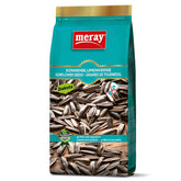 A teal and yellow package of Meray Unsalted Black Sunflower Seeds (250g) features images of black seeds and multilingual labeling, highlighting that the seeds are unsalted.